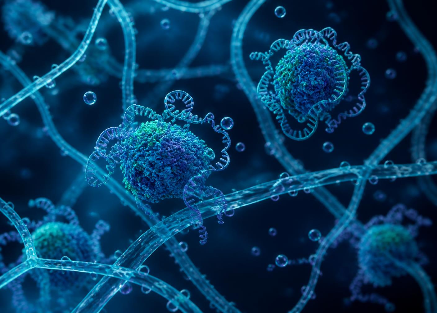 Illustration of RNA nanoplex complexes in a hyaluronic acid matrix